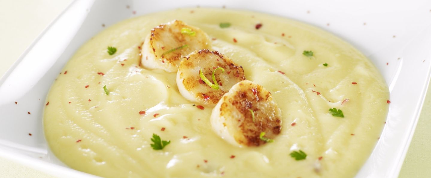 Velouté de panais au curcuma frais Saint-Jacques dorées au beurre