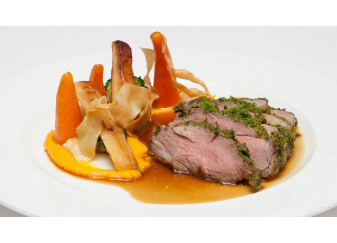 Selle d'agneau en croûte d'herbes et Moutarde Maille
