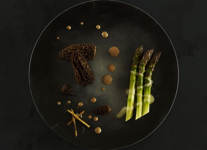 Morilles et Asperge Vertes à la racine de Réglisse des Bois