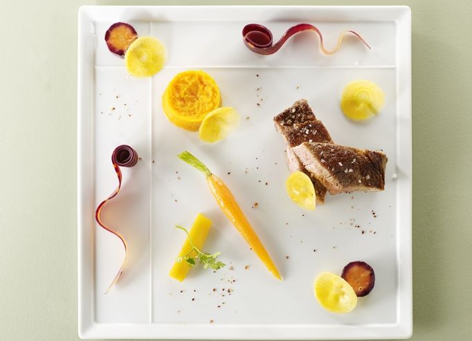 Côte de veau de lait, carotte/gingembre, orange sanguine