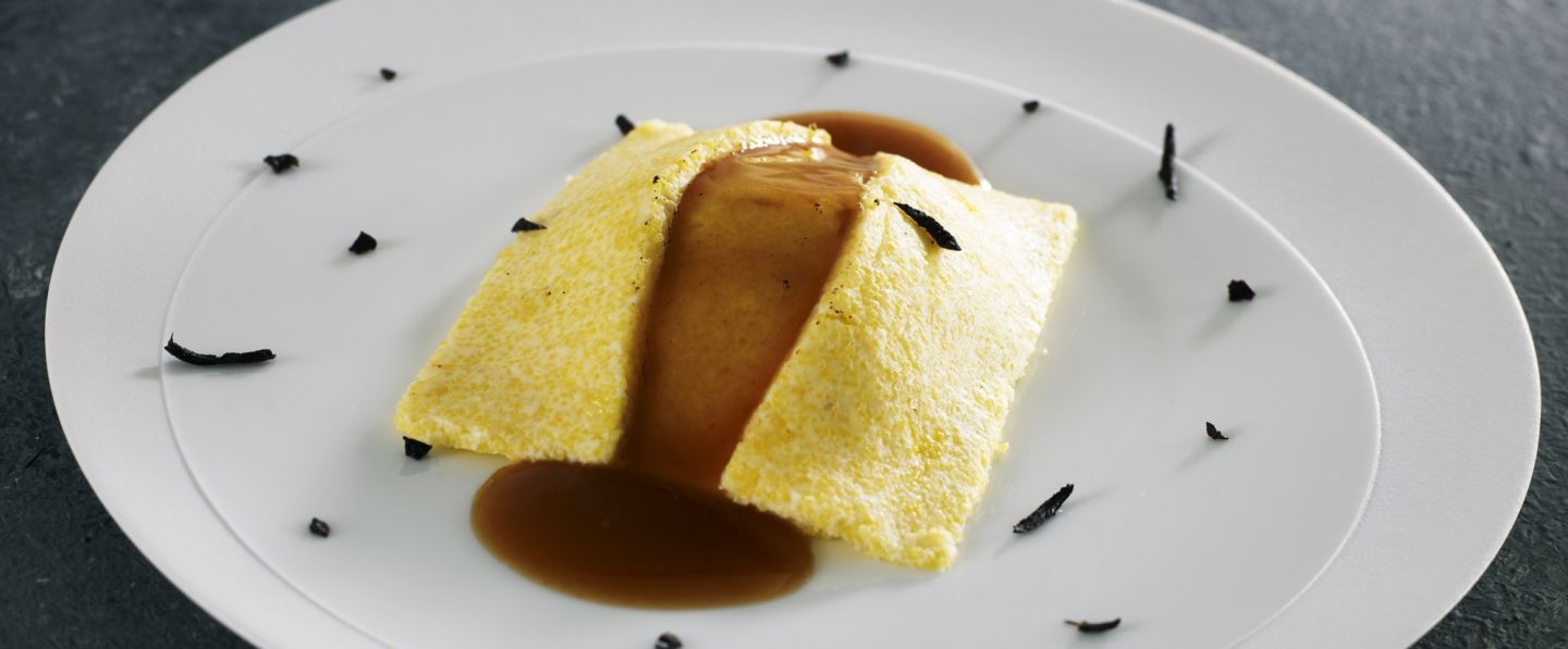 Polenta, Cèpe au couteau, Jus de volaille au genièvre et à la truffe