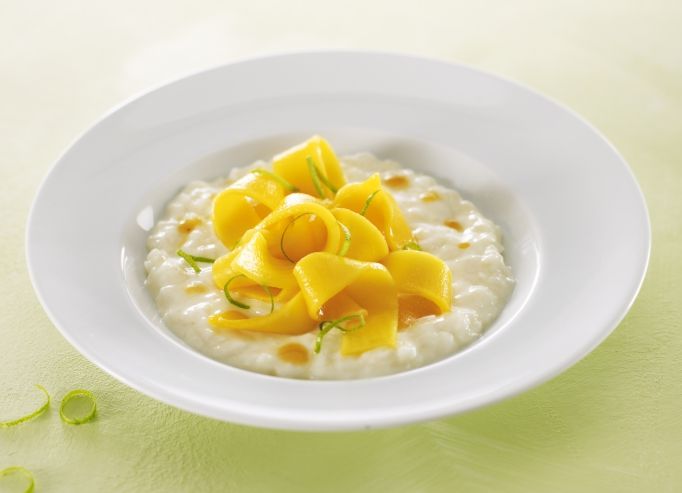 Riz au lait vanille, lasagnes de mangue et citron vert