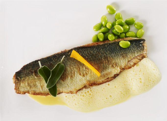 Loup de ligne rôti, infusion à la sauge et chips d’orange