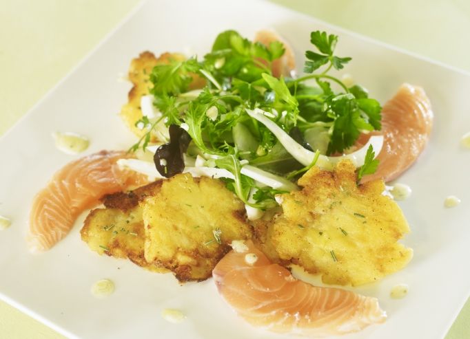 Dos de Saumon fumé aux pommes tapées et rissolées
